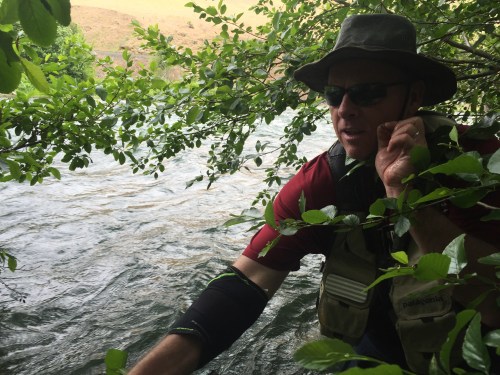 TJ Rosengarth, preparing to dig a big trout out of dense brush with a bow-and-arrow cast.